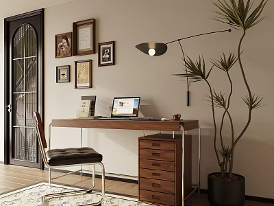 Wooden Desk With Laptop Lamp Framed Pictures Tall Plant And Comfortable Chair 3d model