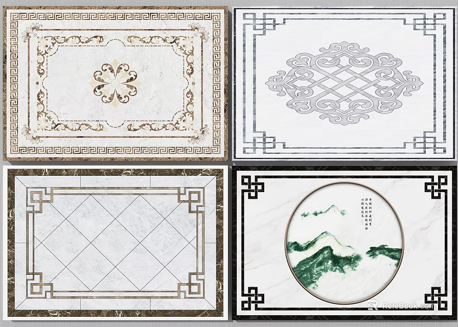 Decorative Floor Tiles Featuring Various Ornate Patterns And Elegant Borders 3d model