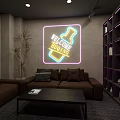 Modern Bar Interior With Neon Sign Purple Sofa And Wine Bottles On Shelves