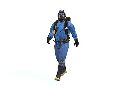 Detailed Game Movie Character In Blue Protective Suit With Helmet And Respirator Walking 3d model