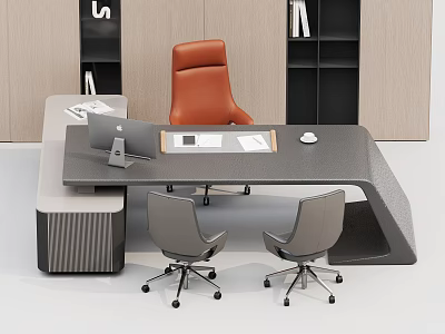 Modern Office Desk with Laptop Documents Mouse Orange Chair Two Gray Chairs by Wooden Bookshelves 3d model