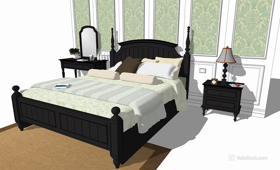 Black Double Bed in Green Patterned Wallpaper Background with Striped Bedspread Nightstands Lamp Mirror 3d model 