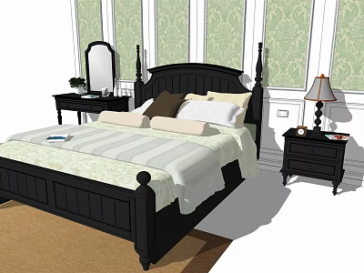 Black Double Bed in Green Patterned Wallpaper Background with Striped Bedspread Nightstands Lamp Mirror 3d model