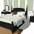 Black Double Bed in Green Patterned Wallpaper Background with Striped Bedspread Nightstands Lamp Mirror