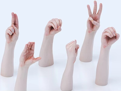 Man's Hands Displaying Different Gestures And Hand Signs On White Surface 3d model
