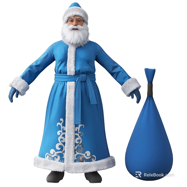Man Dressed in Blue Robe With White Long Beard and Blue Gift Bag 3d model 