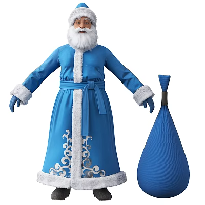 Man Dressed in Blue Robe With White Long Beard and Blue Gift Bag 3d model