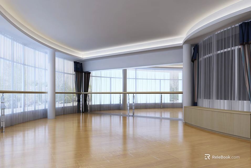 Spacious Fitness Dance Studio With Wooden Floor Large Windows And Ballet Barres 3d model 
