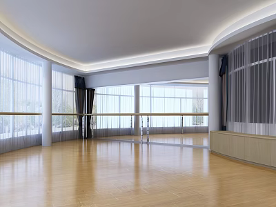 Spacious Fitness Dance Studio With Wooden Floor Large Windows And Ballet Barres 3d model