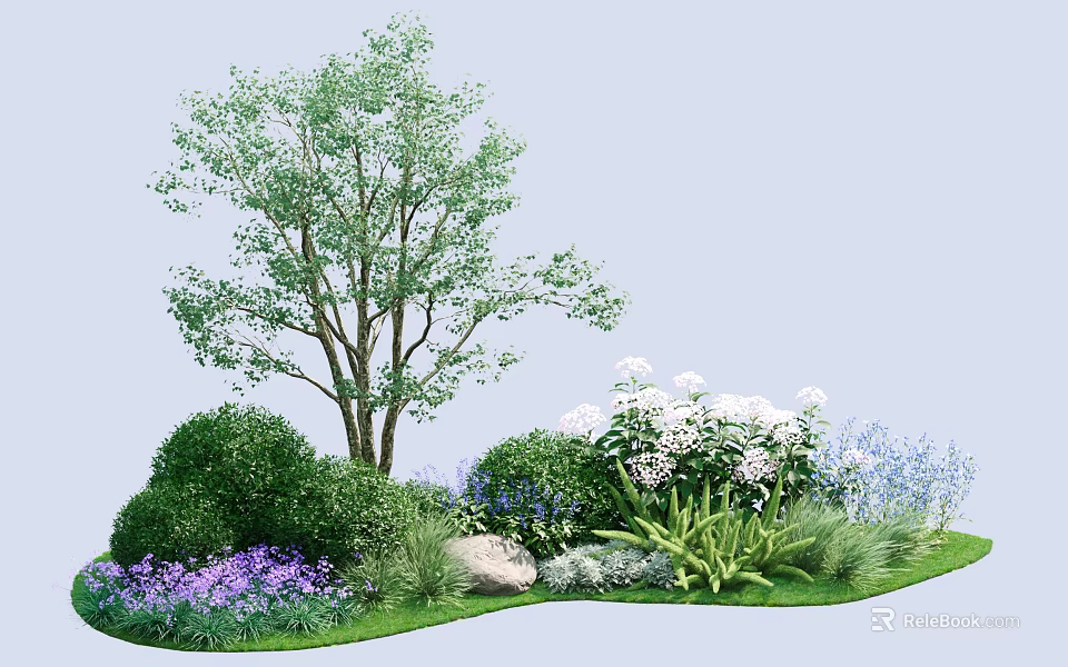 Lush Garden Shrubs With Green Tree White Purple Flowers Stone And Grass 3d model 