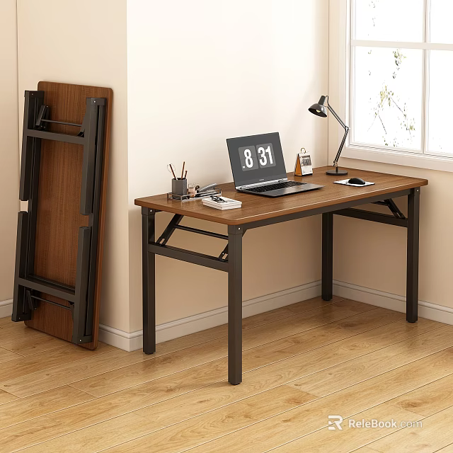 Foldable Desk With Wooden Top And Black Metal Frame Featuring Laptop Desk Lamp And Stationery 3d model 
