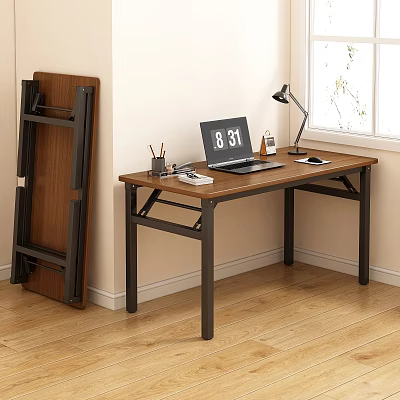 Foldable Desk With Wooden Top And Black Metal Frame Featuring Laptop Desk Lamp And Stationery 3d model