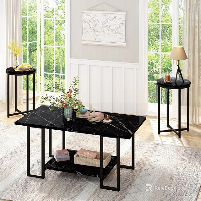 Modern Marble Coffee Table With Decorative Items Lower Shelf And Side Tables 3d model 