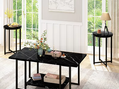 Modern Marble Coffee Table With Decorative Items Lower Shelf And Side Tables 3d model