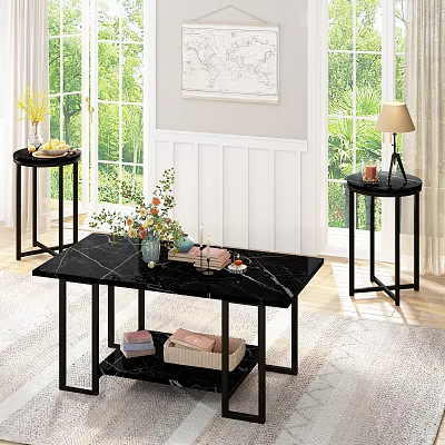 Modern Marble Coffee Table With Decorative Items Lower Shelf And Side Tables 3d model