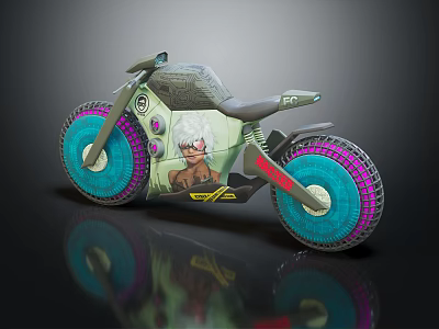 Futuristic Concept Motorcycle With Colorful Blue Pink Rims And Character Graphic Design 3d model