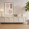 White Arched TV Stand With Mushroom Lamp Abstract Painting Decor And Fiddle Leaf Fig Plant