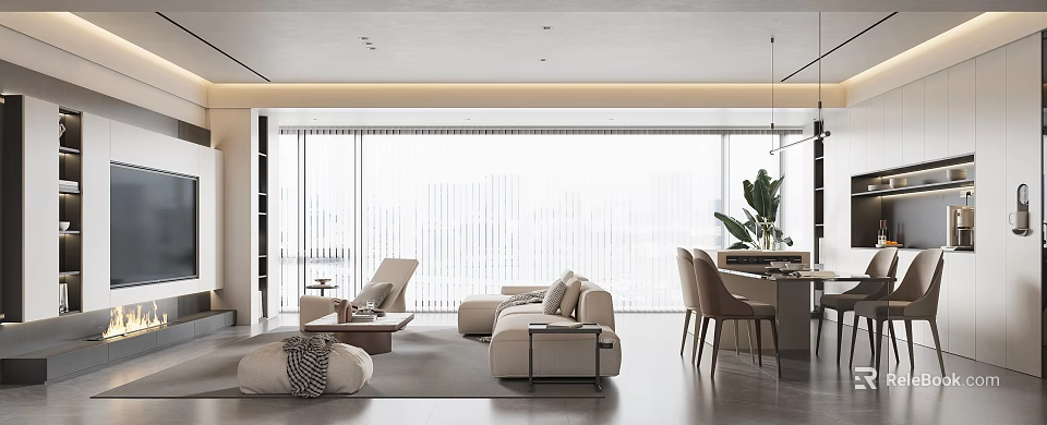 Modern Living And Dining Room Interior Design With Sofa Dining Table Large Windows And Plants 3d model 