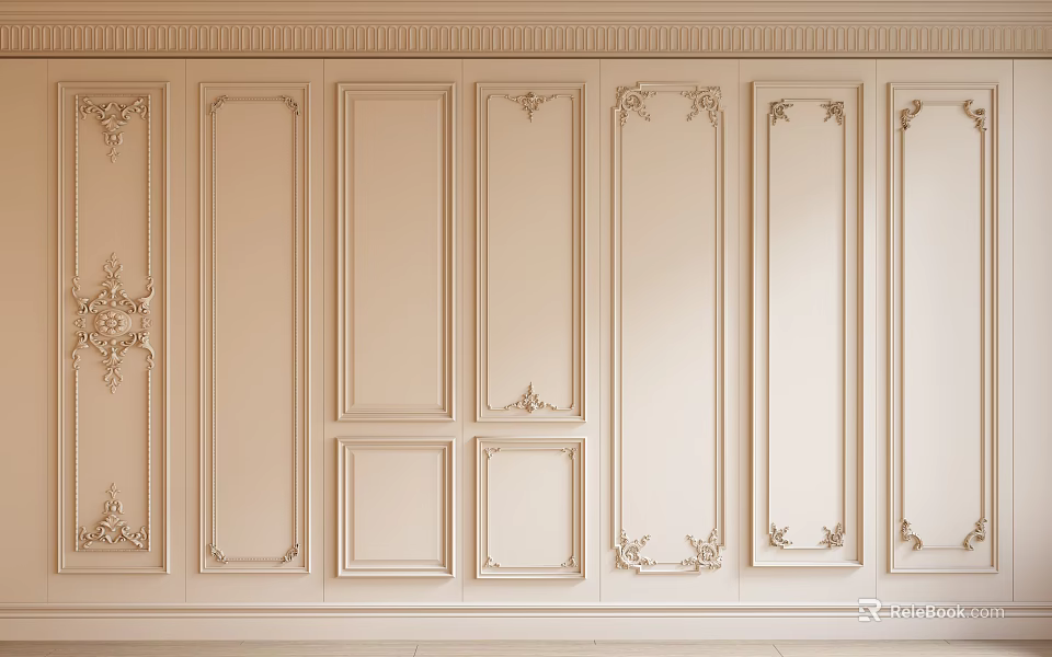 Classic Decorative Light Colored Wall Paneling With Carved Details And Symmetrical Design 3d model