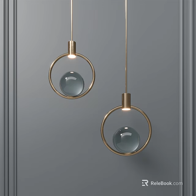 Modern Pendant Lights with Golden Ring Design and Transparent Glass Sphere on Gray Wall 3d model 