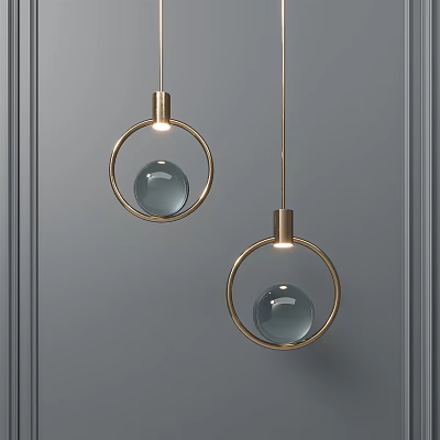 Modern Pendant Lights with Golden Ring Design and Transparent Glass Sphere on Gray Wall 3d model
