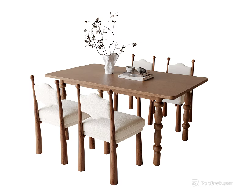 Rectangular Wooden Dining Table Set with Four White Cushioned Chairs Vase and Dried Branches 3d model