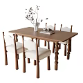 Rectangular Wooden Dining Table Set with Four White Cushioned Chairs Vase and Dried Branches 3d model