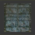 Weathered Blue Green Shipping Container With Graffiti Art And Yellow Warning Stripes