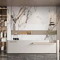 Modern Reception Desk with Marble Wall Bookshelves Green Plant and Pendant Lights