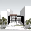 Modern Building Facade With White Exterior Glass Elements And Green Trees