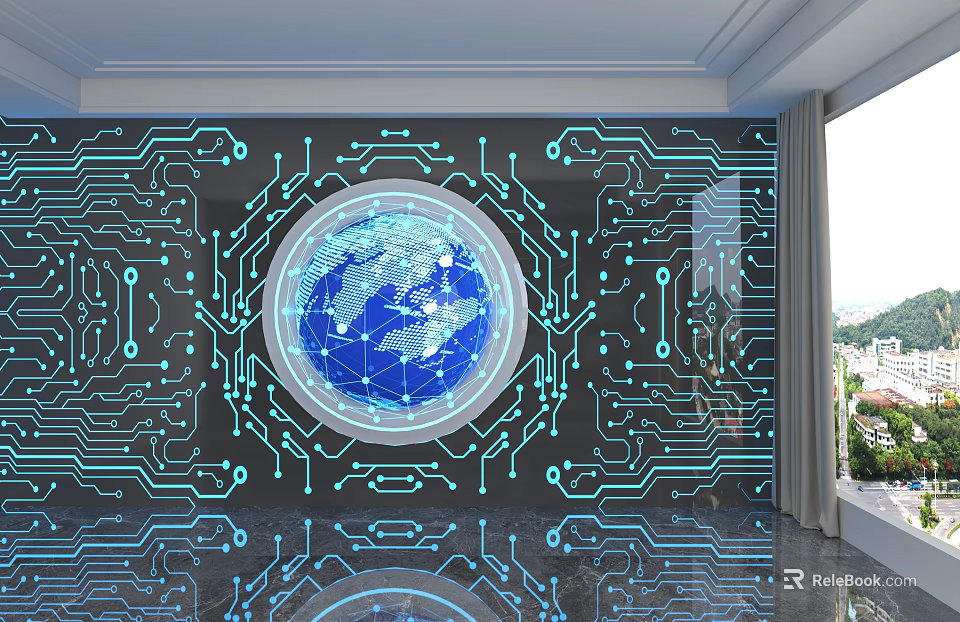 Tech Style Background Wall With Circuit Board Pattern And Blue Globe Network Lines 3d model 