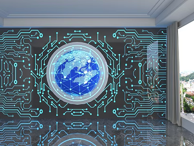 Tech Style Background Wall With Circuit Board Pattern And Blue Globe Network Lines 3d model