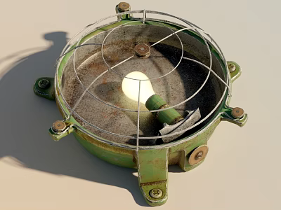 Green Ceiling Light With Metal Frame And Wire Mesh Cover Illuminated Bulb 3d model
