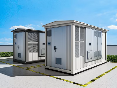 Outdoor Power Distribution Stations With White Louvered Panels Yellow Warning Lines Blue Sky Green Shrubs 3d model