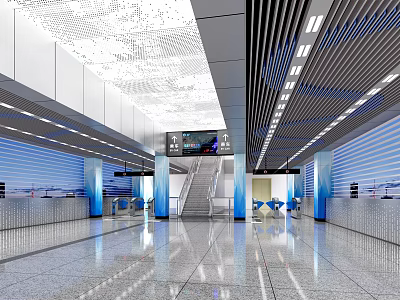 Modern Station Interior Design With Grid Ceiling Blue Columns Staircase And Digital Screens 3d model