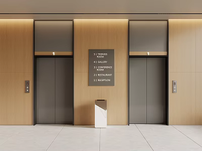 Modern Elevator Lobby Design With Double Doors Wooden Walls And Floor Sign 3d model