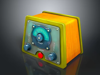 Vintage Control Device With Wooden Case Green Panel Red Button And Gauge 3d model