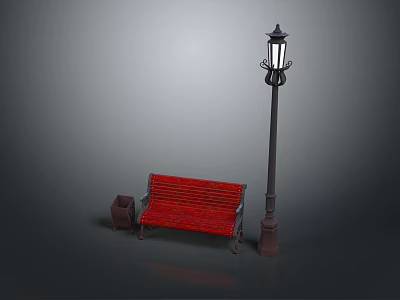 Red Outdoor Bench With Street Lamp And Trash Bin In Public Area 3d model