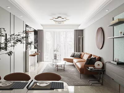Modern Living Room Interior With Brown Sofa Coffee Table Floor To Ceiling Windows And Chandelier 3d model