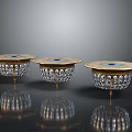 Elegant Three Candlesticks Featuring Golden Bases Transparent Crystal Structures And Colored Top Decorations