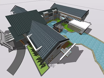 Traditional Cultural Center Building With Courtyard Water Feature Greenery And Traditional Roof 3d model