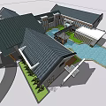 Traditional Cultural Center Building With Courtyard Water Feature Greenery And Traditional Roof