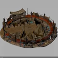 Ancient Campsite Scene Featuring Circular Fence Canvas Tents Dirt Ground and Decorative Elements Around