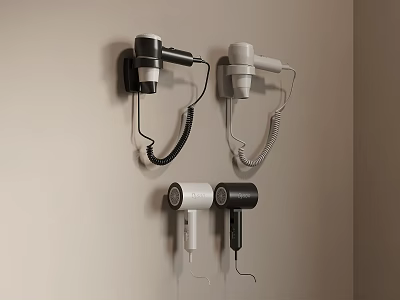 Wall Mounted Hair Dryers In Black And White With Different Styles 3d model