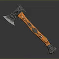 Ornate Decorative Axe With Carved Metal Head And Orange Wooden Handle