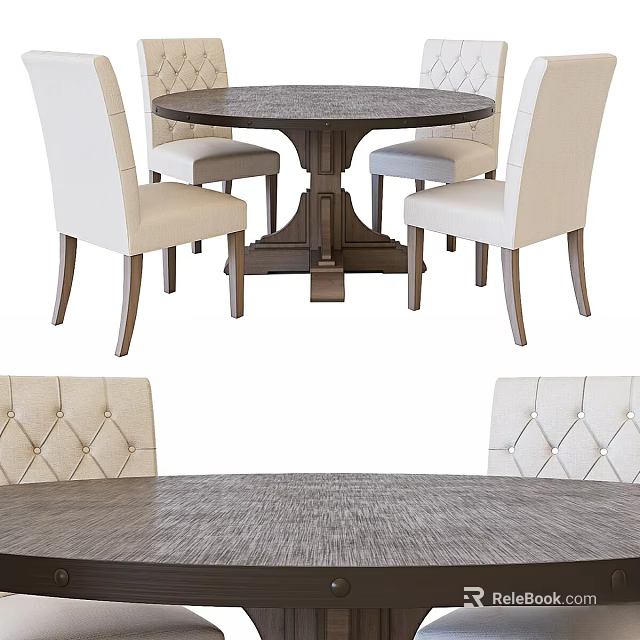 Round Wooden Dining Table Set With Four Upholstered Button Tufted Back Chairs 3d model