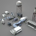 Industrial Equipment Display With Water Towers Piping Systems And Machinery Units