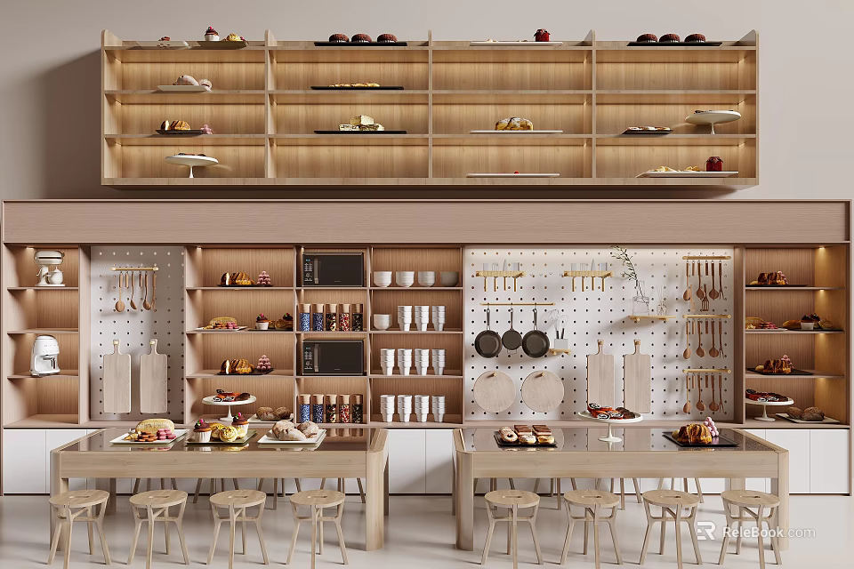 Organized Cozy Kitchen With Wooden Shelves Displaying Mugs Plates Pans And Tables 3d model 