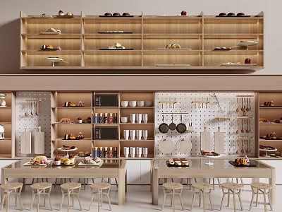 Organized Cozy Kitchen With Wooden Shelves Displaying Mugs Plates Pans And Tables 3d model