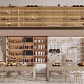 Organized Cozy Kitchen With Wooden Shelves Displaying Mugs Plates Pans And Tables